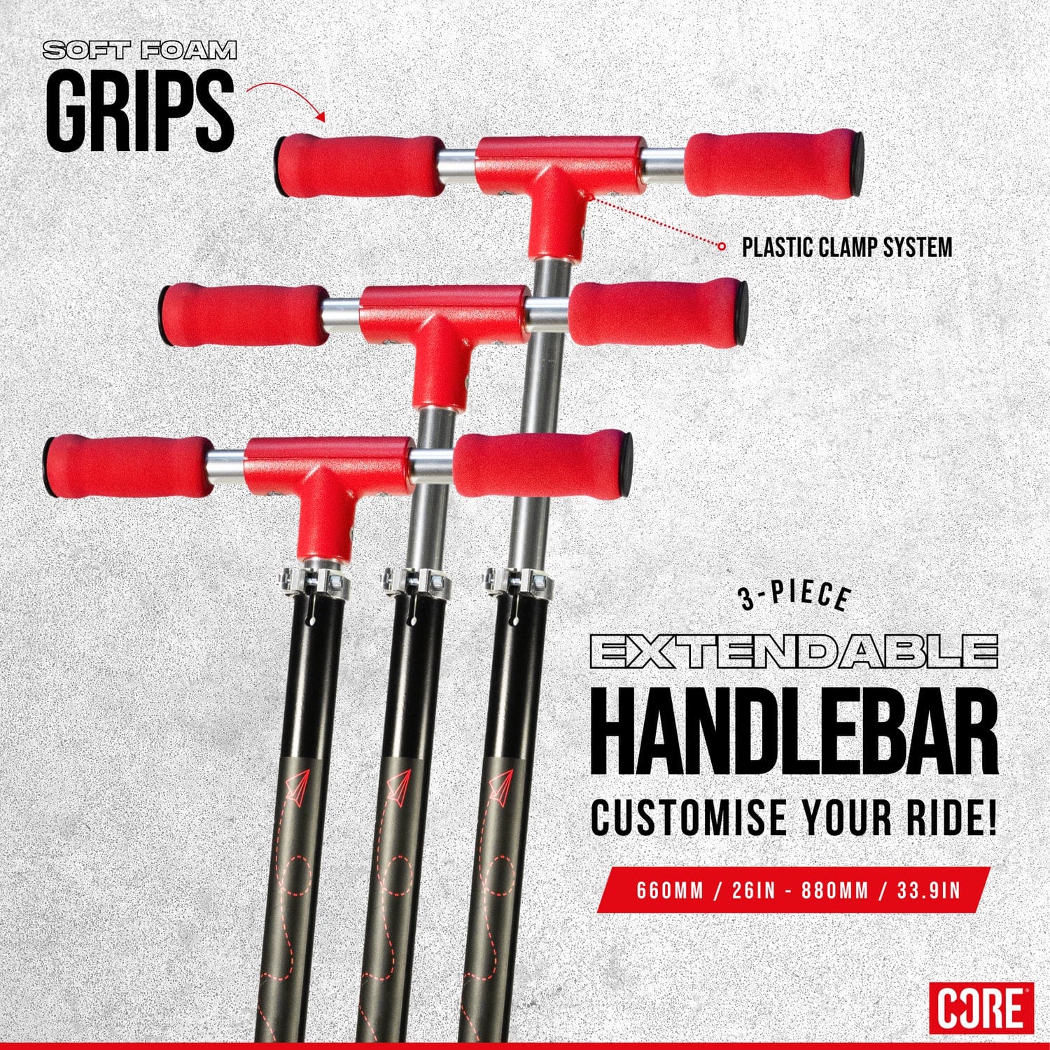 Image shows three extendable handlebars at varying heights with soft foam grips and plastic clamps. Text: "CORE 3-Piece Adjustable Handlebar for Kids' Foldy Scooter! Customize from 660mm / 26in to 880mm / 33.9in.