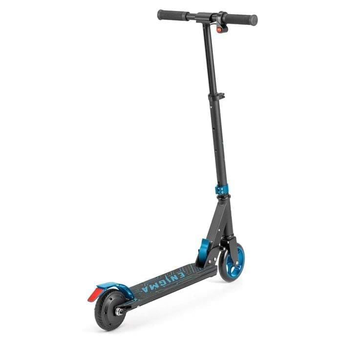The Xootz Enigma Lithium Electric Scooter - Blue by Xootz features a slim deck, upright handlebar, and small wheels. Its foldable design ensures easy transport and storage. The scooter is shown standing upright on a white background.