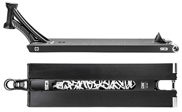 Two views of the CORE ST3 Forged Black Street Stunt Scooter Deck by CORE: the top view reveals a textured, wide 6.5" x 22.5" deck with a raised rear brake; the bottom view displays a central white graphic.