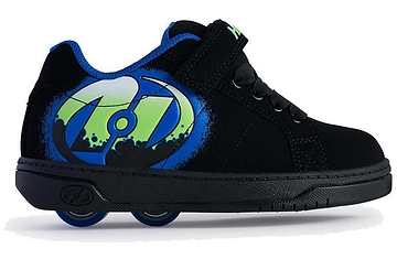 The Heelys Kolect X2 Boys Shoes in Black/Royal/Green feature a graffiti-inspired design, two wheels in the heel, and a blue collar lining—delivering fun and style from the trusted Heelys brand.