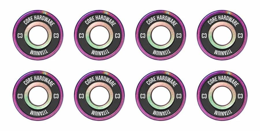 A set of eight vibrant skateboard bushings from CORE, known as the Titanium Neochrome Skateboard Bearings, are arranged in two rows of four. They feature a shiny iridescent finish with purple accents and are lightweight with anti-corrosive properties, with each bushing having a central hole.