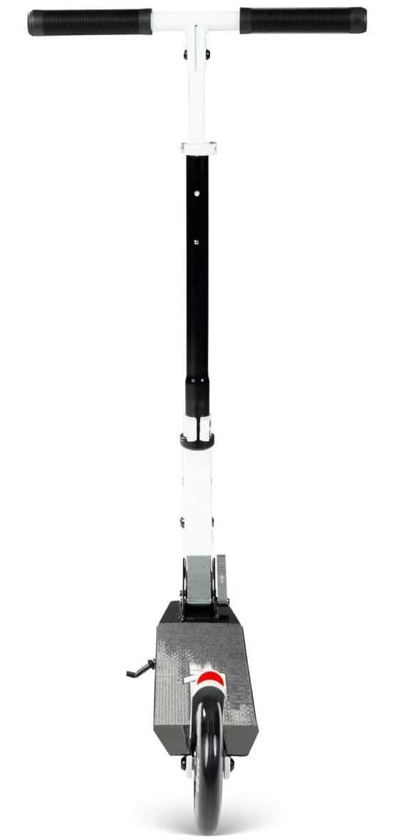 Front view of the Madd Gear Metro Rush 125 Kids Foldable Scooter by MGP in white and black, showing its T-shaped handlebar, single 125mm LED front wheel, and flat platform against a plain white background.