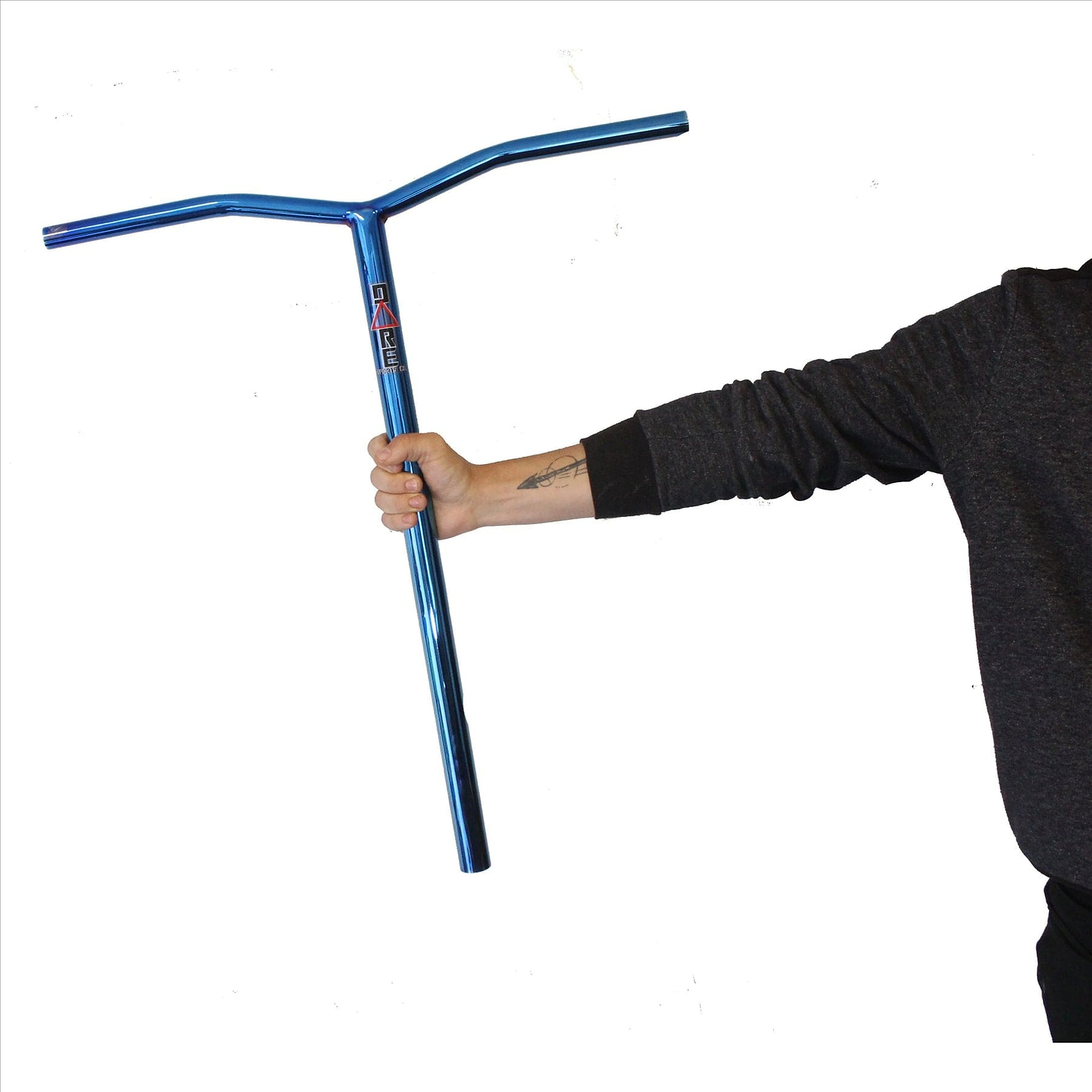 A person in a dark sleeve holds the Dare Wing Steel Standard SCS Stunt Scooter Bars in Blue Chrome (685mm x 610mm) by Dare, designed for taller riders, against a plain white background.