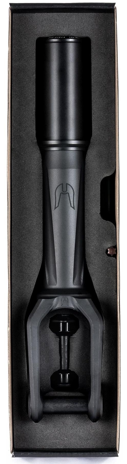 The Ethic DTC Merrow V3 8/12STD IHC Stunt Scooter Fork in black by Ethic features a lightweight, cylindrical metal design with a forked bottom, simple handle emblem, and comes securely packed in a foam-lined box. Appears new and unused.