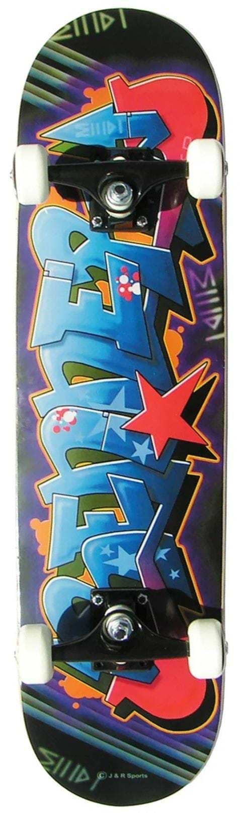 The Renner A11 Graffiti Complete Skateboard (7.75" x 31") features white wheels and a colorful deck with bold blue graffiti lettering, a red star, and vibrant accents—ideal for beginners seeking style and performance.