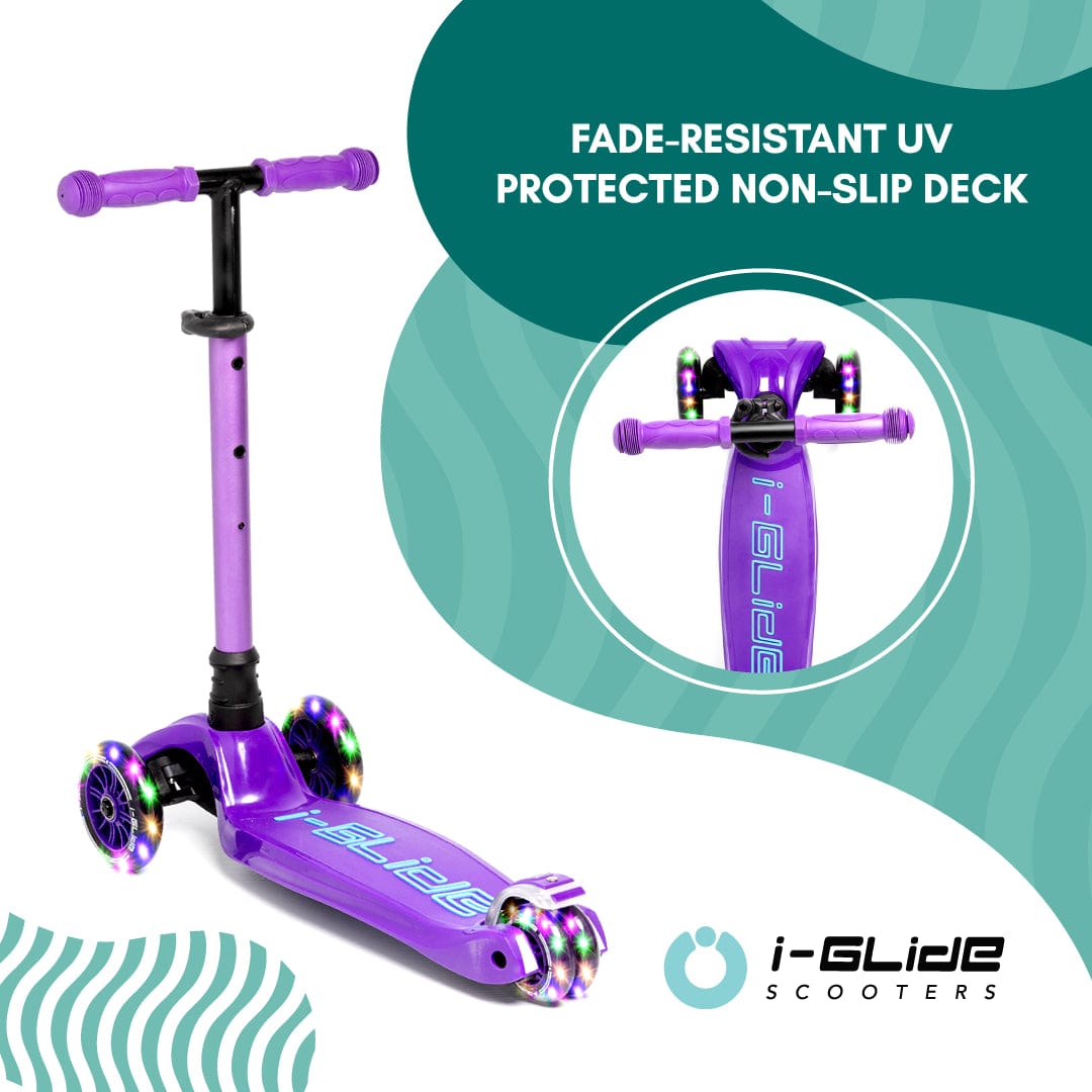The I-Glide 3-Wheel LED Kids Scooter in Purple/Blue is displayed, featuring three light-up wheels and a non-slip, UV-protected deck. Text emphasizes its fade-resistant design and adjustable handlebar, making this I-Glide scooter ideal for growing riders. The I-Glide logo appears at the bottom.