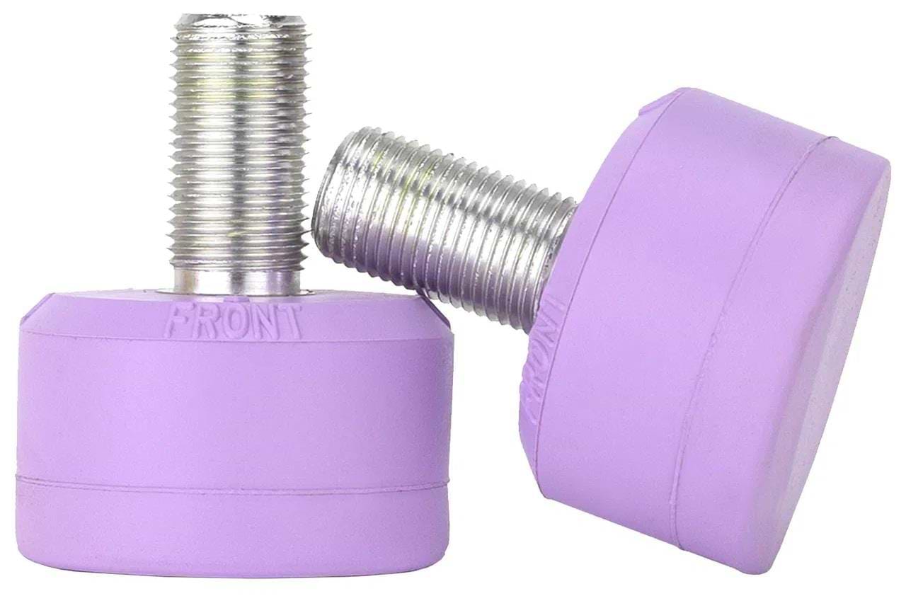 Two Gumball Roller Skate Long 30mm 83A Toe Stops in grape purple with metal threaded stems demonstrate excellent skating control. One stands upright, and the other leans against it, displaying "FRONT" embossed on its front against a white background.