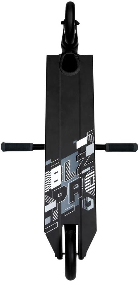 Top-down view of the Blazer Pro Outrun 3 Complete Stunt Scooter - Black / Black, featuring geometric white and gray patterns and “BLZ PRO” on the deck; both wheels and handlebars are visible—a great choice for beginner riders.