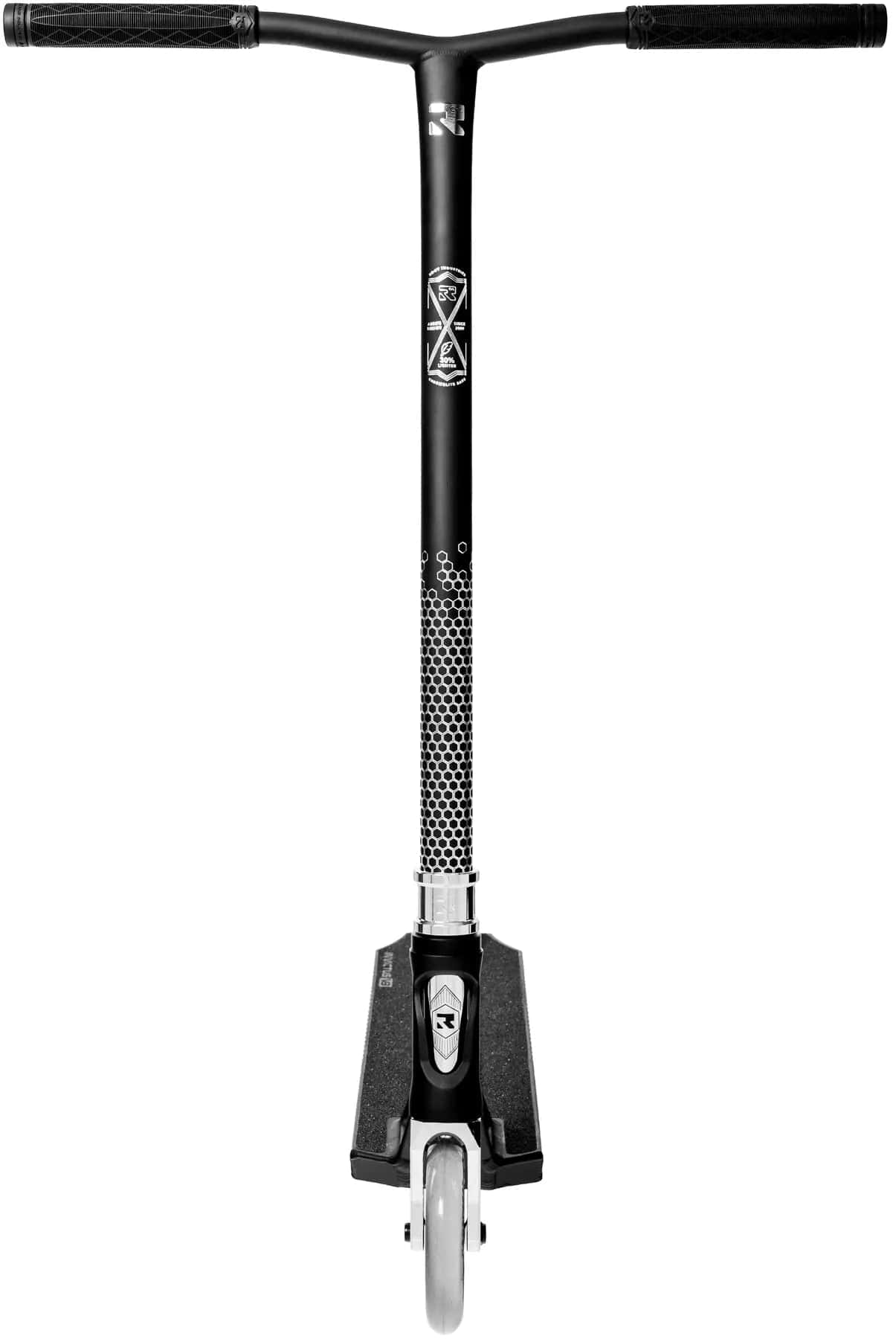 The Root Industries Invictus V3 Complete Stunt Scooter - Black Mirror is seen from the front, showing wide Chromolite bars with textured grips, a patterned neck design, and a single silver wheel at the base for top performance.
