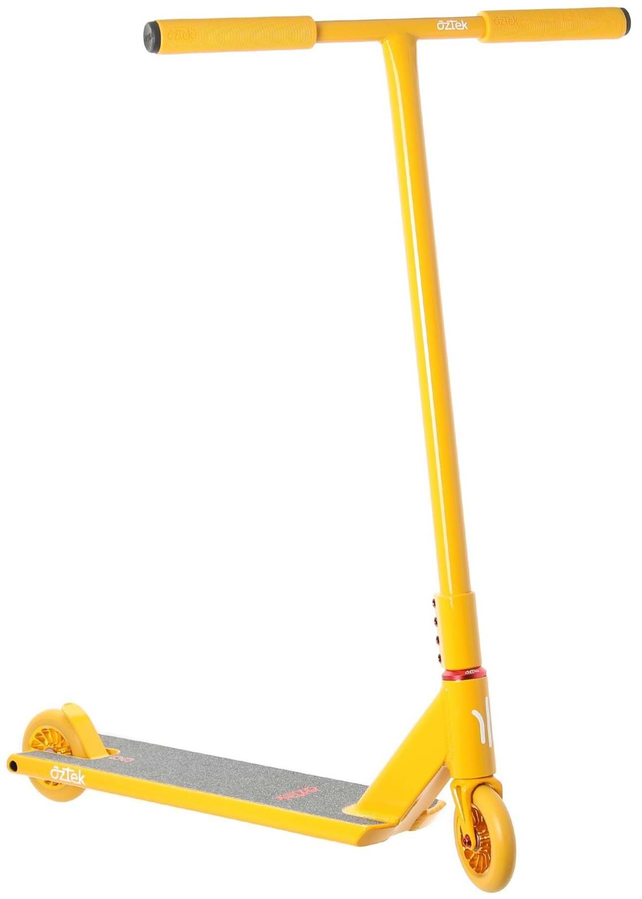 The Aztek Architect 2 Complete Stunt Scooter in Sunburst Yellow features a T-shaped handlebar, black grip tape, and matching 110mm rebound wheels, with the Aztek logo visible on both the handlebar and deck.