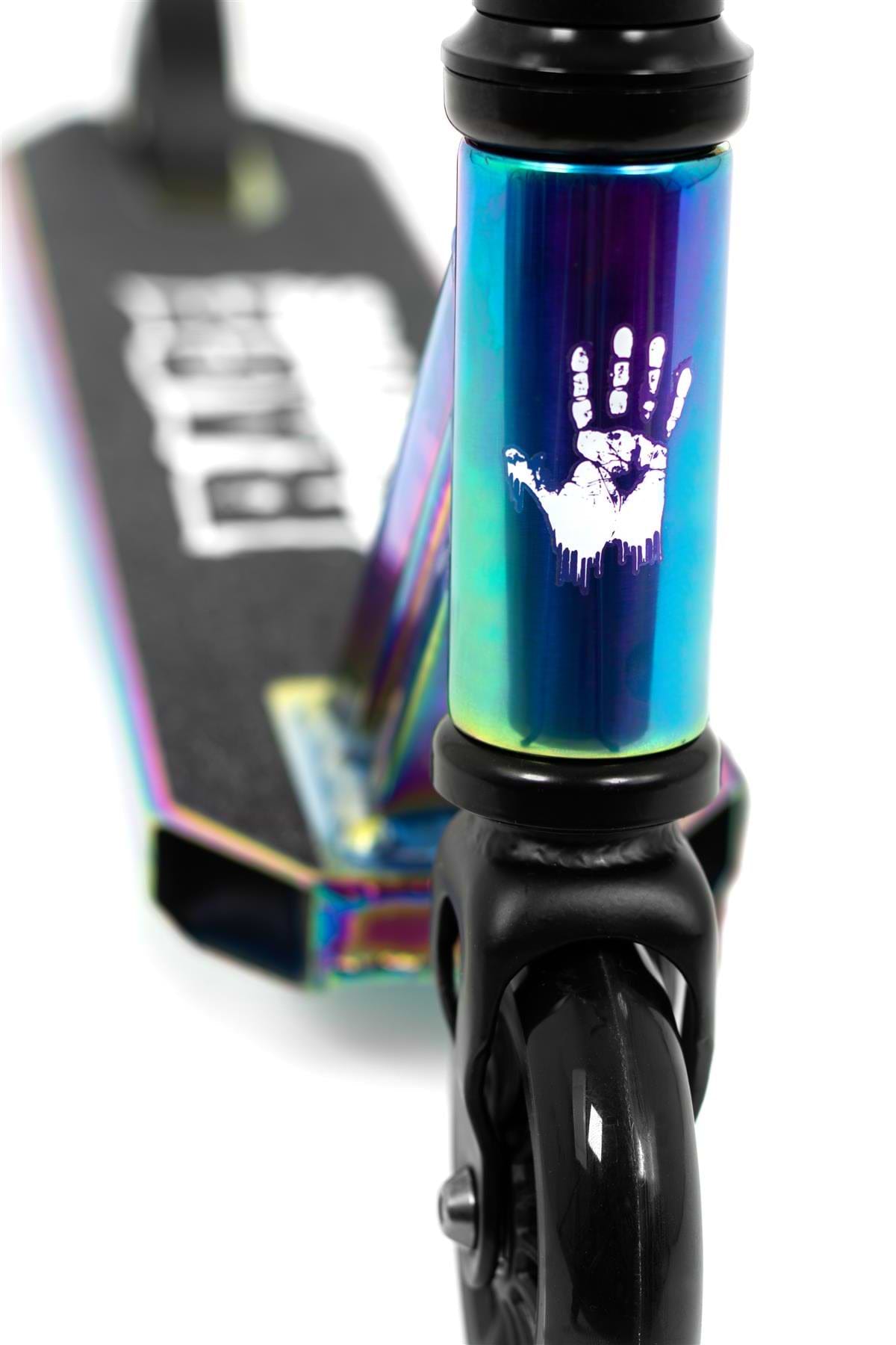 Close-up of the Slamm Rage Complete Stunt Scooter in neochrome. Its metallic rainbow-finish frame features a white handprint on the front tube, black grip tape with a white design, and is ideal for any stunt scooter rider.