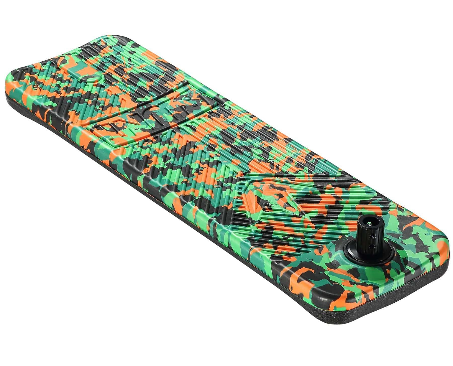 The Blunt Envy TS Pro 7.5 Indoor Trampoline Stunt Scooter - Orange Camo boasts a sleek design, reminiscent of a longboard deck with its vibrant camouflage pattern in green, orange, and black. It includes textured grip sections and an attached truck assembly for a blend of style and performance.