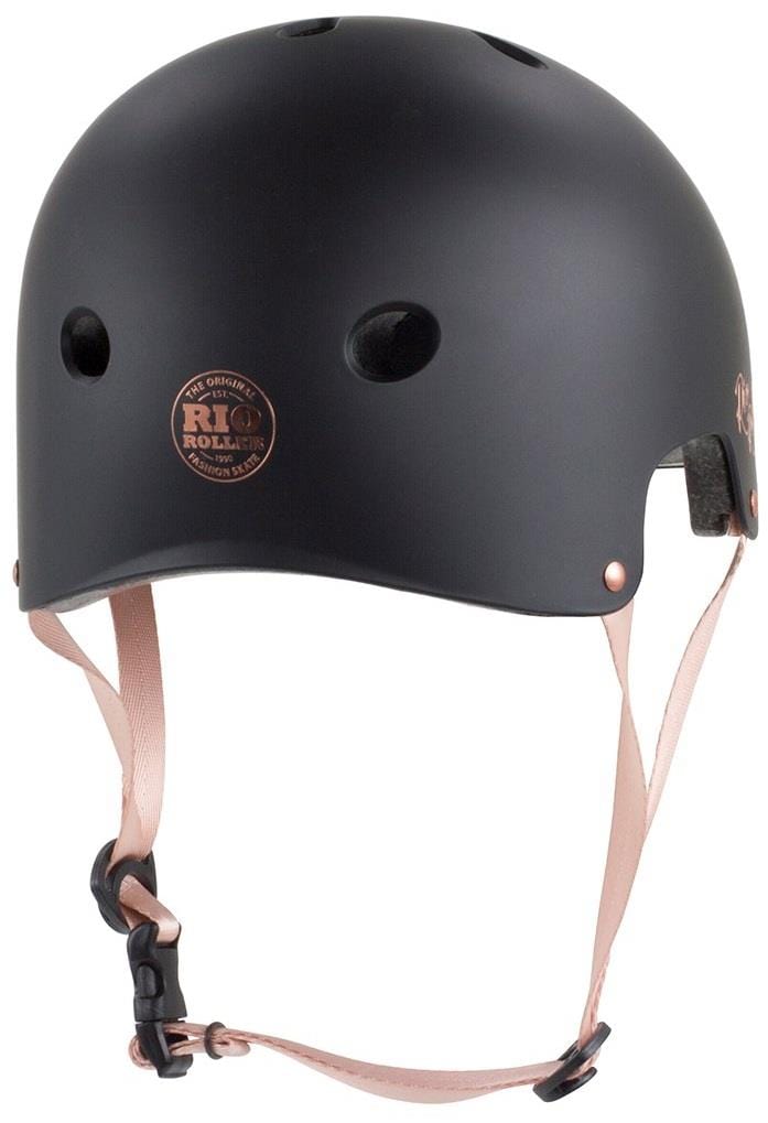 The Rio Roller Rose Skate/Scooter Helmet in black features a rose gold effect "Rio Roller" logo, pink adjustable straps, and ventilation holes on the top and sides, making it a standout piece among Rio Roller helmets.
