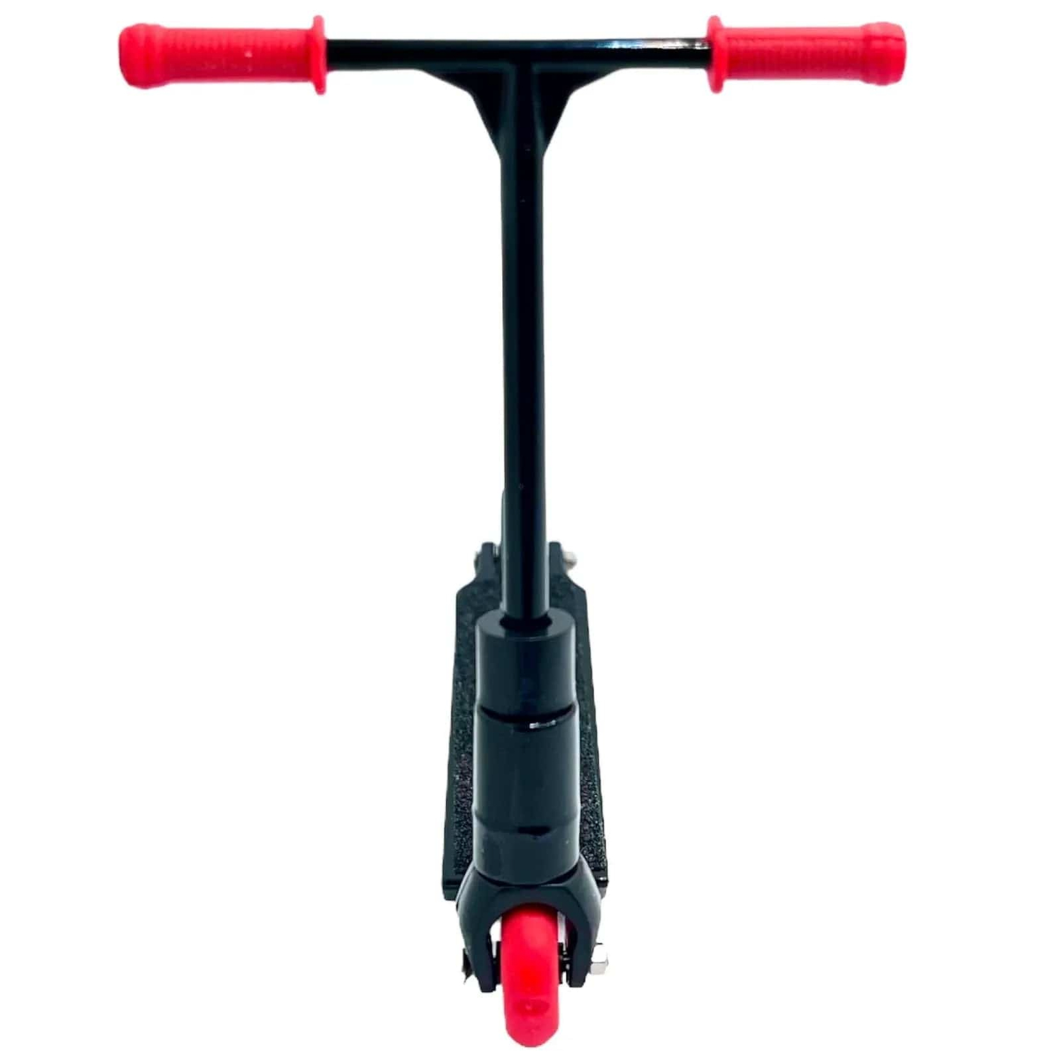 Front view of the Fingers Whips Finger Toy Scooter in black, featuring vibrant red handlebars and a matching red front wheel, perfect for finger scooter enthusiasts. The horizontally positioned handlebars and textured deck for grip stand out against the plain white background, highlighting its sleek design for fans of customizable scooters.