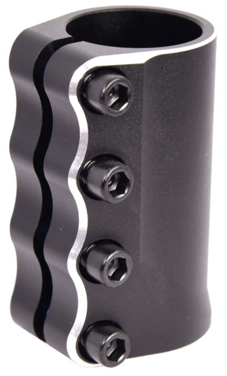 The CORE Aura 4 Bolt Oversized SCS Stunt Scooter Clamp in black features a wavy edge and four hex screws, offering extra stability for securing scooter handlebars. Perfect for riders needing a strong, stylish clamp from CORE.