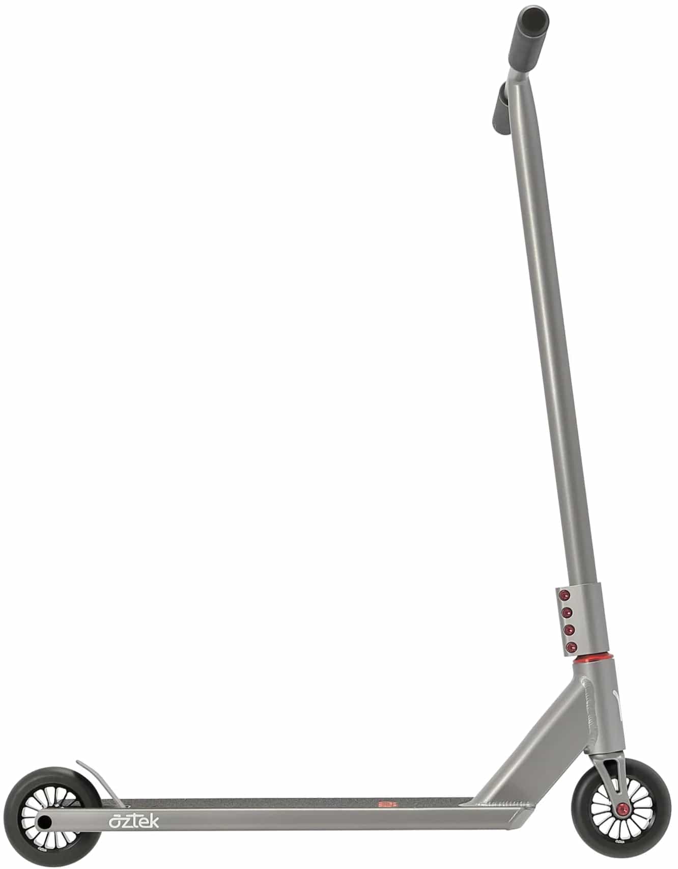 The Aztek Architect 2 Complete Stunt Scooter in Space Grey features a minimalist design with a straight handlebar, small black wheels, and red accents. Perfect for those seeking the signature Aztek style.