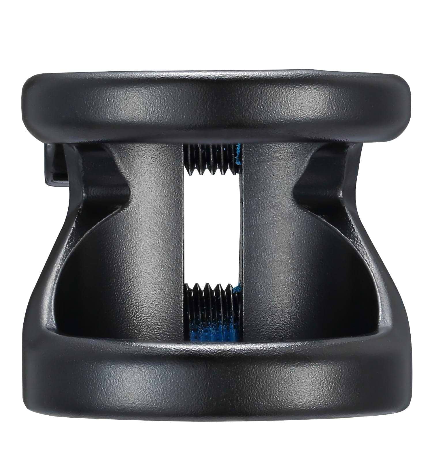 Close-up of a Blunt Envy Z 2 Bolt Oversized Stunt Scooter Clamp in black, highlighting its sleek anodized finish and dual openings from a top-down perspective. The interior components are visible through the openings, emphasizing its compact and functional design.