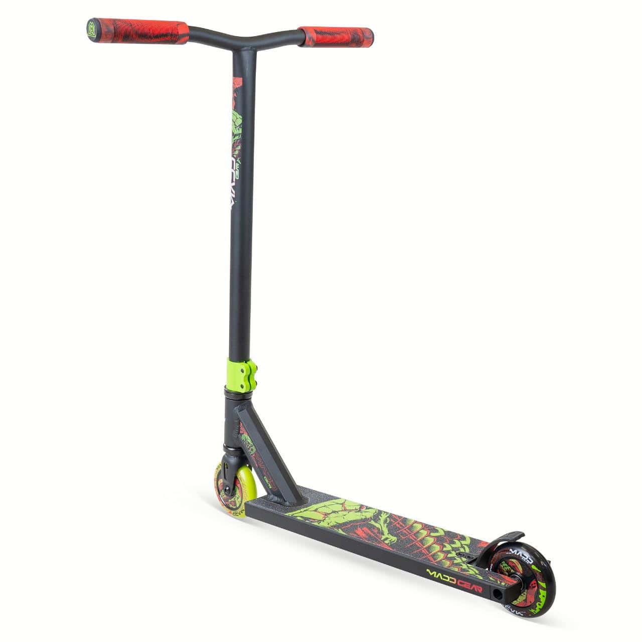 The Madd Gear MG 2 Obsidian Complete Stunt Scooter - Venom by MGP features high-speed ABEC-5 chrome bearings, a black frame, green and red graphics on the deck and wheels, red handle grips, and a neon green front clamp.