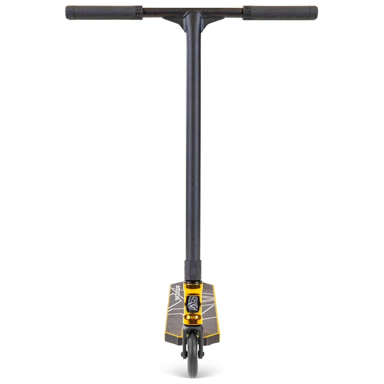 The Madd Gear MG 6 Kinetic Complete Stunt Scooter in gold and black is shown from the front, highlighting its wide handlebar, single front wheel, and lightweight aluminium deck with ABEC-11 High-Speed Chrome bearings.