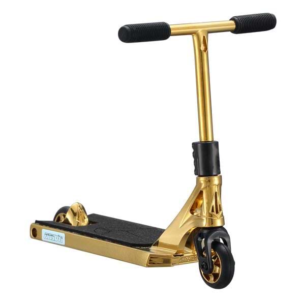 The Blunt Envy AOS V6 Finger Scooter in gold features black handlebars and wheels, a textured black footboard, and a sturdy, modern design inspired by the AOS V6 series.