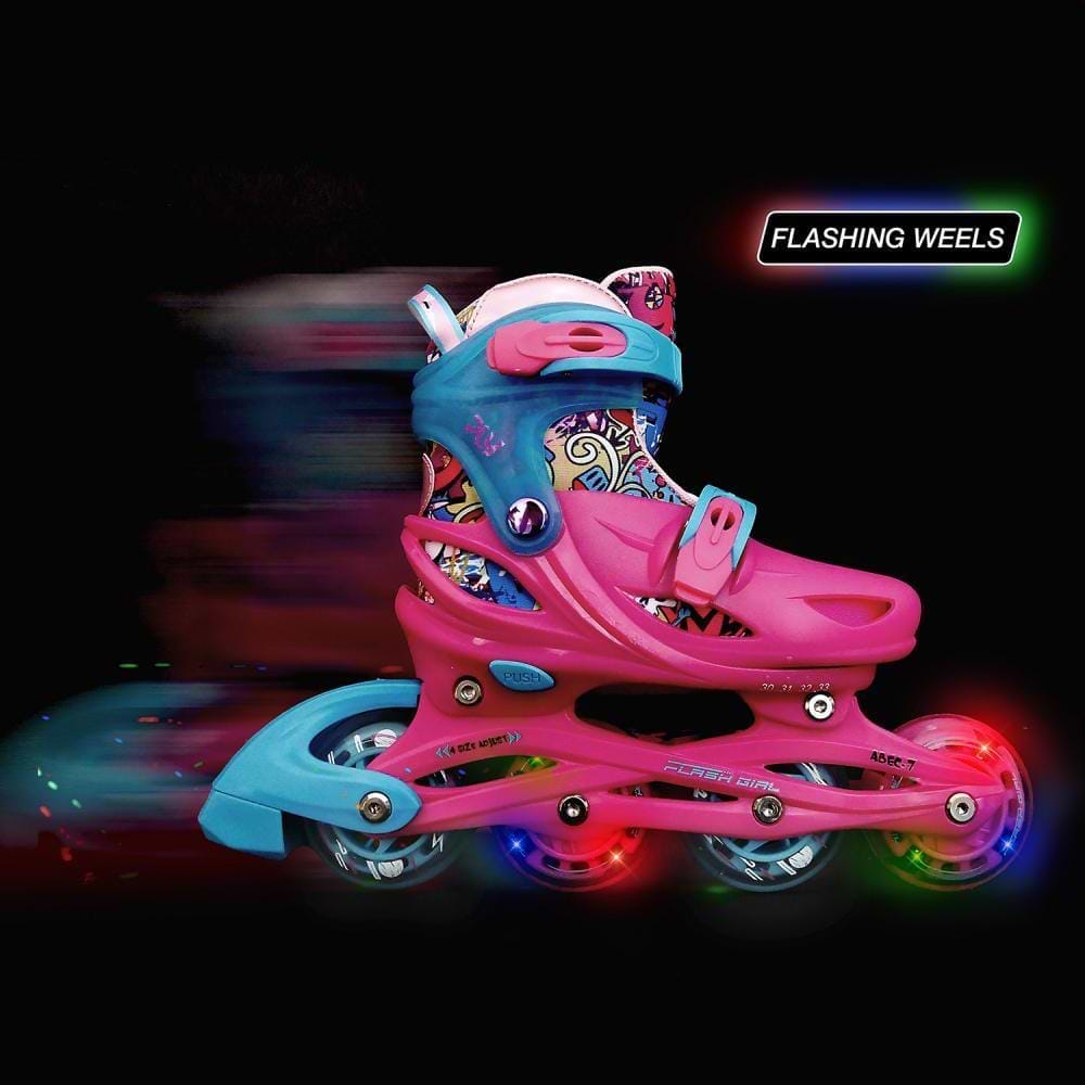 The Roces Ply Flash Adjustable Kids Inline Skates in pink and blue feature vibrant flashing LED wheels, smooth ABEC 7 carbon bearings, and a "Flashing Wheels" label, set against a black background with motion blur for dynamic effect.