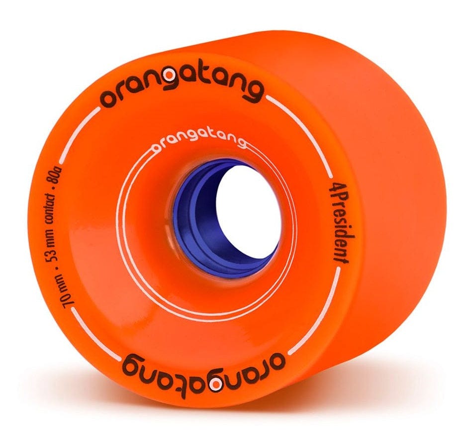 The Orangatang 4President 70mm 80A longboard wheel features a striking orange color with a blue core, set against a clean white background. The edge is adorned with branding and dimensions in white and black text. Ideal for grip and slide, it comes in multiple durometers to match your riding preferences.