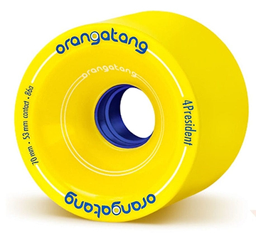 The Orangatang 4President 70mm 86A Longboard Wheels in yellow, featuring a blue core, make sliding effortless with "70 mm, 53 mm contact, 86a" written on their surface.