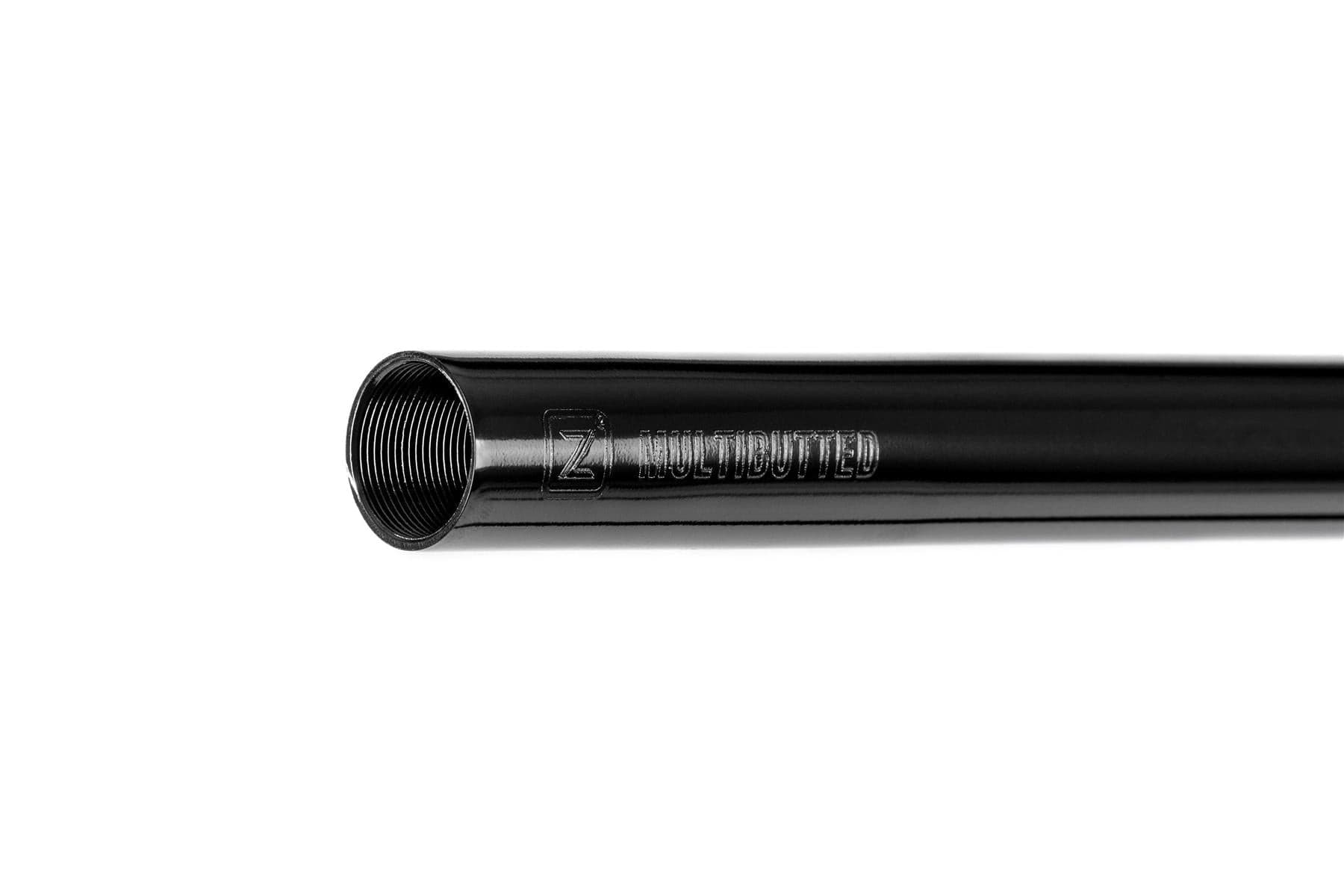 A close-up of the Ethic DTC Tenacity V2 Steel HIC Stunt Scooter T-Bars in Black Mirror (720mm x 600mm), featuring durable steel, internal threading on one end, and "MULTIBUTTED" engraving. Lightweight and ideal for stunt scooter bars.