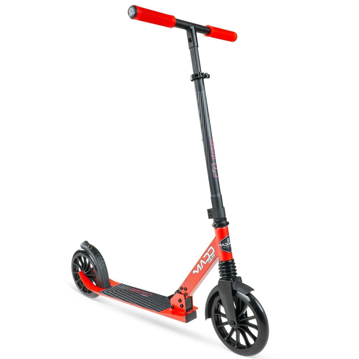 The Madd Gear Metro Cruise 250 Foldable Commuter Scooter in black and red features large wheels, red handlebars, and a textured foot deck, displayed on a white background.