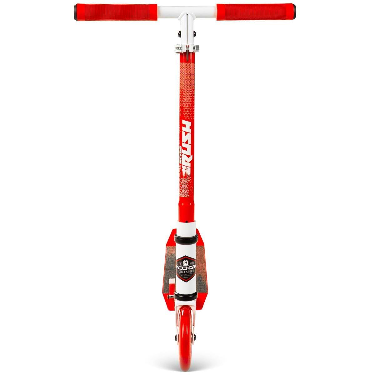 Front view of the Madd Gear Metro Rush 125 Kids Foldable Scooter in white/red, featuring red handlebar grips, an adjustable handlebar, black branded foot deck, and a single red front wheel.