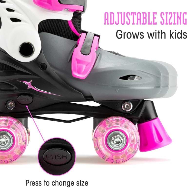 Close-up of Xootz LED Adjustable Quad Roller Skates - Pink, featuring a "PUSH" button to change size. Text reads, “ADJUSTABLE SIZING grows with kids—press to resize.” Perfect beginner skates from Xootz for growing feet.