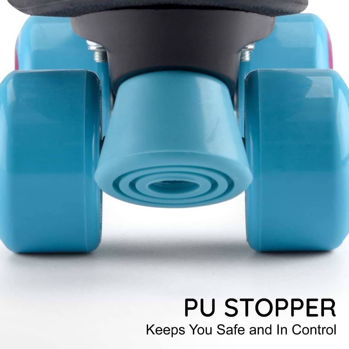 Close-up of blue roller skate wheels and a blue polyurethane stopper on Osprey Disco Quad Roller Skates - Black by Osprey, featuring text: "PU STOPPER Keeps You Safe and In Control." Ideal for indoor and outdoor skating.