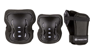 The Heelys F2 Junior Triple Skate Protection Pad Set by Heelys in black and white includes shock-absorbing knee/elbow pads and a wrist guard, all designed for safe skating.