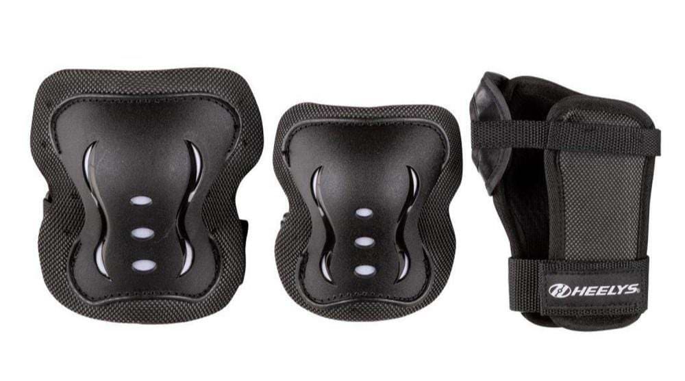 The Heelys F2 Junior Triple Skate Protection Pad Set by Heelys in black and white includes shock-absorbing knee/elbow pads and a wrist guard, all designed for safe skating.