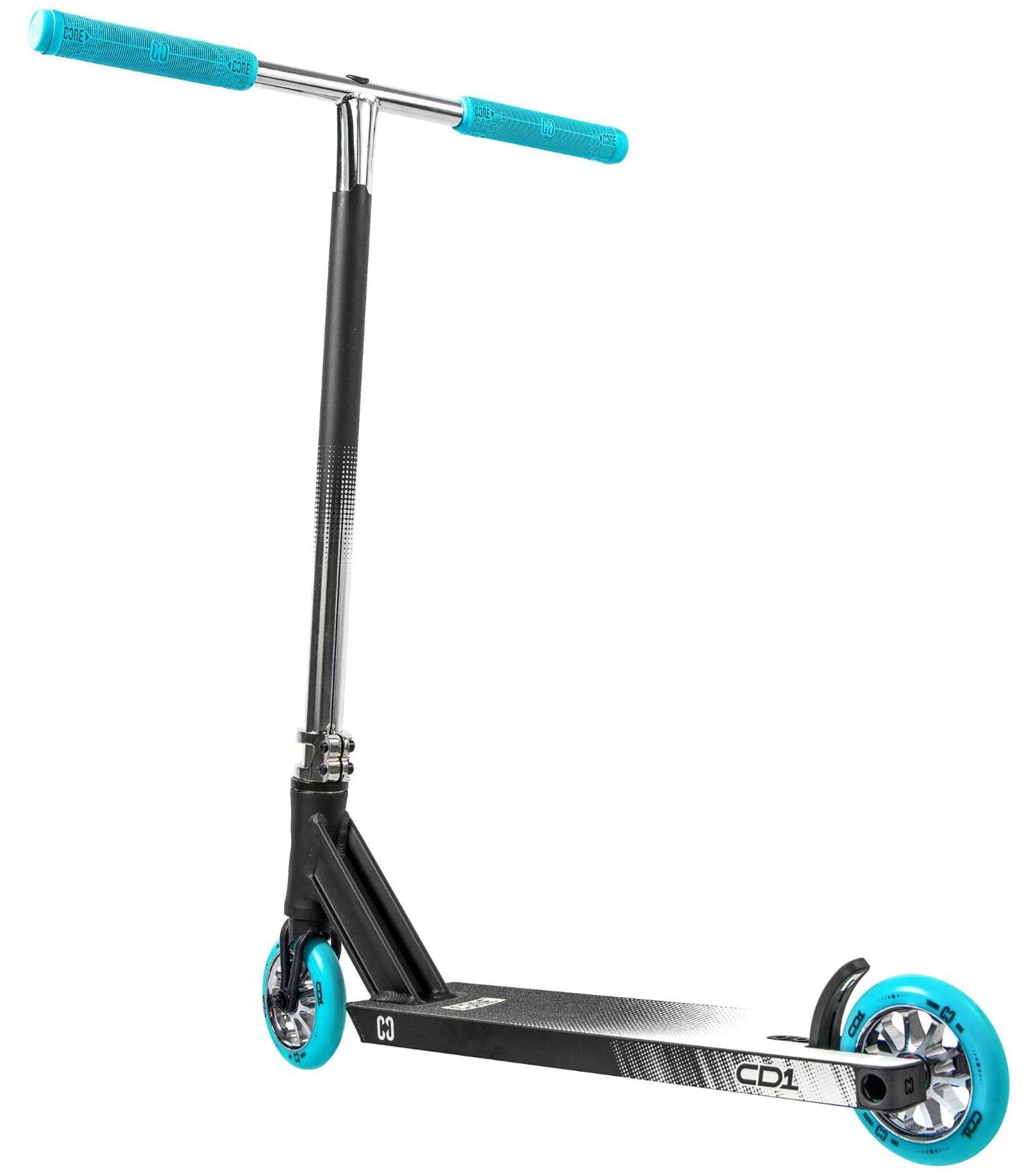 The CORE CD1 Complete Stunt Scooter by CORE, shown in chrome and teal with matching grips and wheels, features a T-shaped handlebar and "CD1" deck branding, making it ideal for beginner riders against a white background.