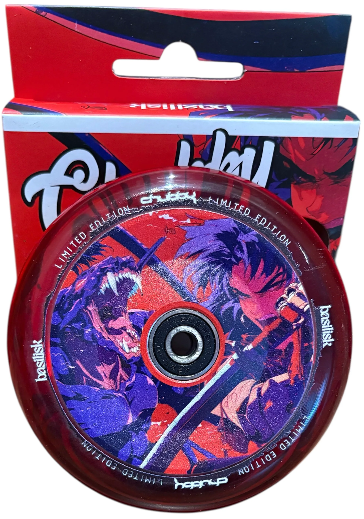 The Chubby Hollowcore 110mm Stunt Scooter Wheel - Basilisk Limited Edition features bold anime-style graphics with two intense characters in red and purple, plus "LIMITED EDITION" on the rim—ideal for fans of unique Chubby scooter wheels.