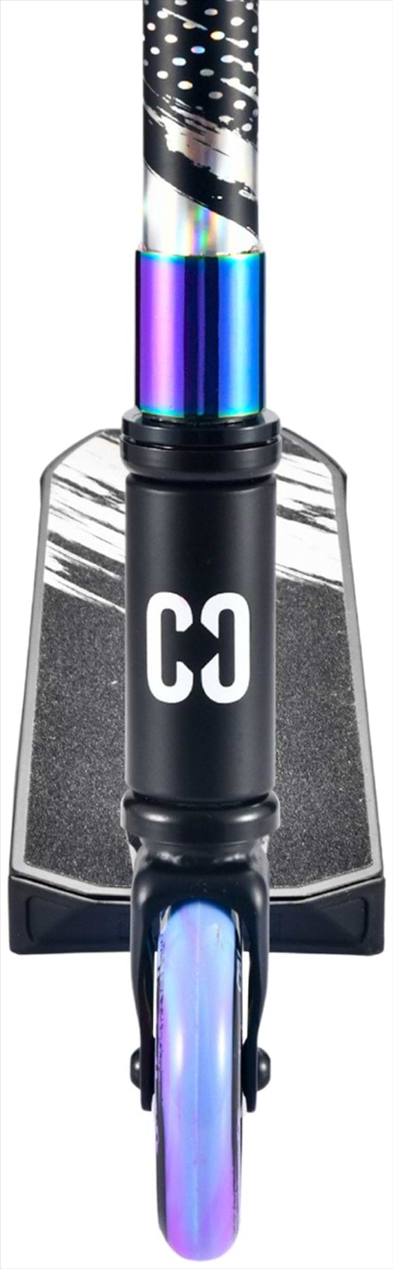Front view of the CORE CB1 Beginner Complete Stunt Scooter in Black/Neochrome, featuring a shiny neochrome handlebar clamp and front wheel, plus the CORE "CO" logo on the head tube—ideal as a stunt scooter for kids.