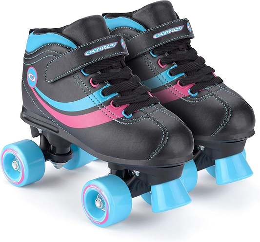 The Osprey Disco Quad Roller Skates - Black feature blue wheels, pink accents, black laces, and a Velcro strap—perfect from Osprey for recreational indoor or outdoor skating.