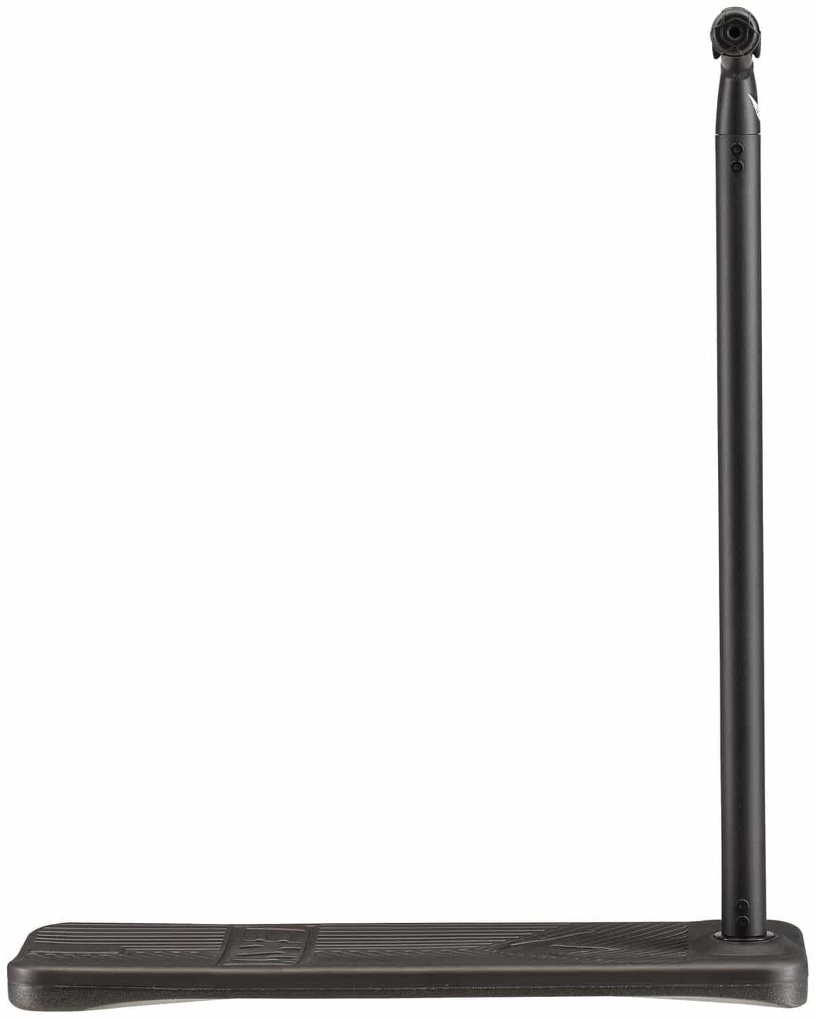 A black microphone stand with a long vertical pole and a rectangular base mirrors the sleek design of the Blunt Envy TS Pro 7.5 Indoor Trampoline Stunt Scooter - Black, all set against a plain white background.