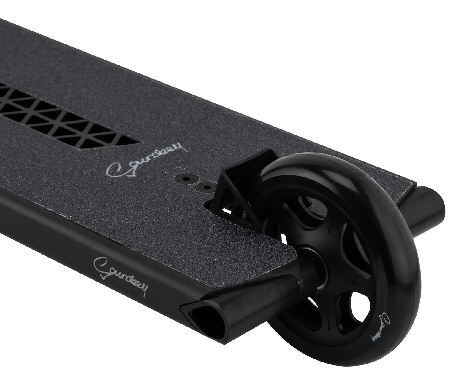 Close-up of the Drone Nexus Kai Saunders 'Saundezy' Signature Stunt Scooter deck in black, featuring a textured grip, signed logo, and a large rear wheel—a sleek, minimalist design ideal for pro riders.