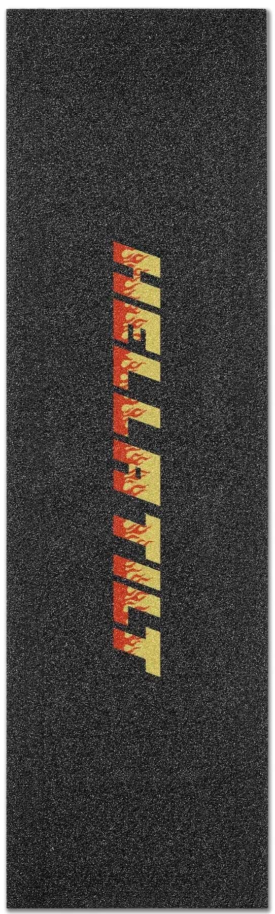 Add bold style to your Tilt scooter with the TILT x Hella Grip Stunt Scooter Griptape - Blaze, featuring a black rectangular mat and "METALLICA" printed vertically in striking yellow and red letters.