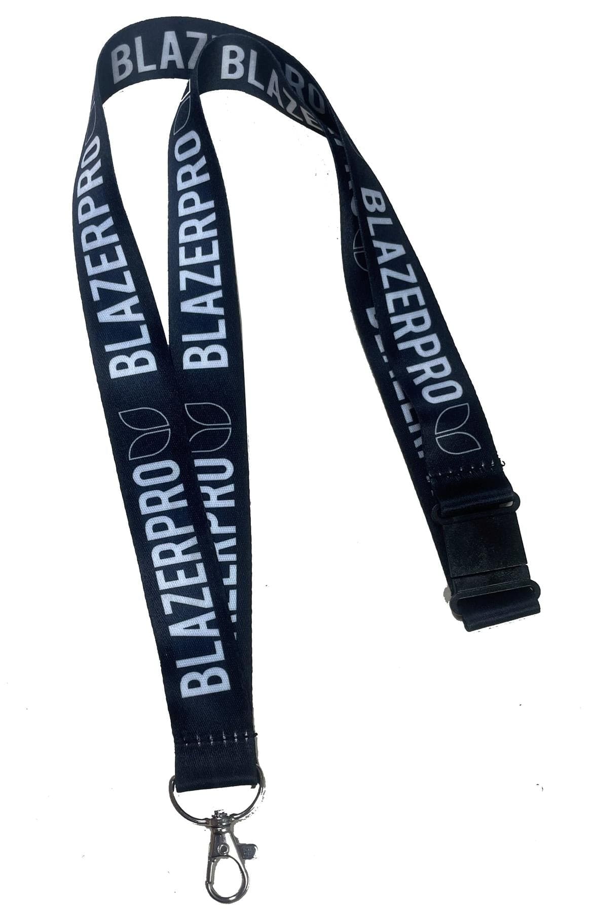 The Blazer Pro Lanyard - Black features a silver clip, plastic buckle, and bold white "BLAZERPRO" lettering—ideal for any Blazer Pro fan.