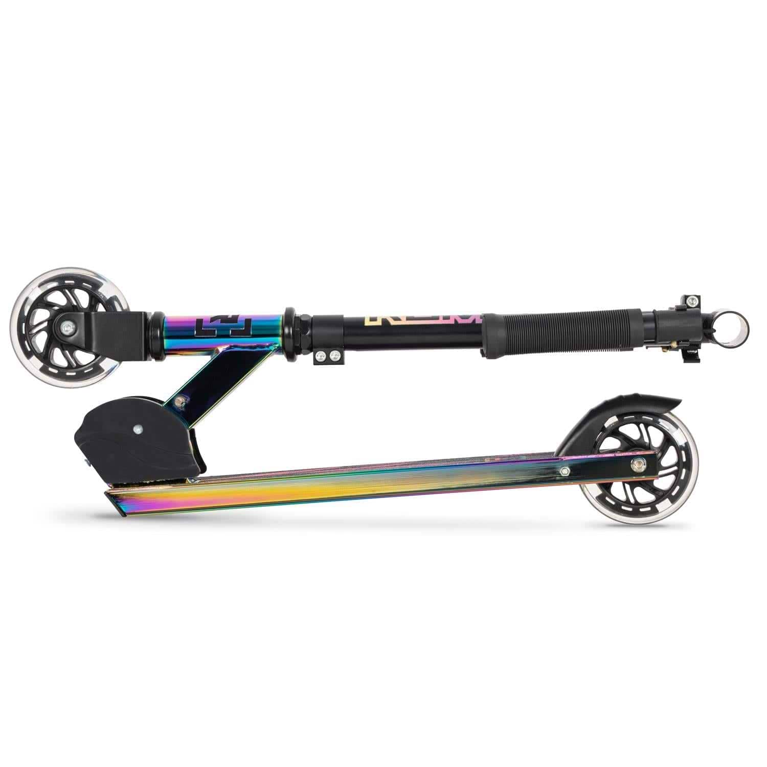 The Rampage Light Up Foldable Kick Scooter – Neochrome/Black by Rampage is shown folded, featuring a rainbow neochrome frame, adjustable bars, black handlebars, and LED wheels for extra style and fun against a white background.