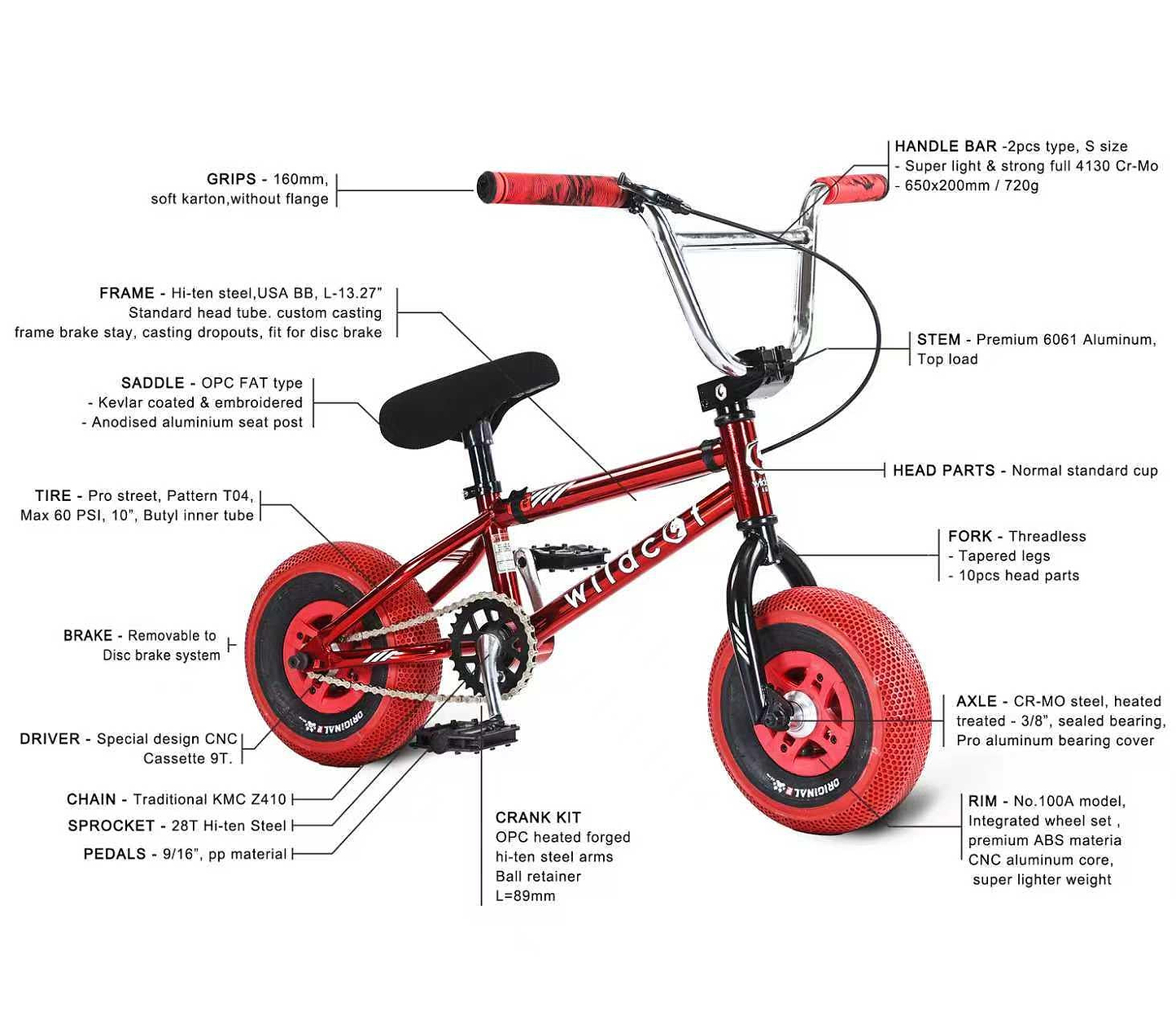 Wildcat OG 3A Mini BMX Bike - Royal Red by Wildcat features PRO Street 65PSI tyres, CNC aluminium rims, and labeled parts with technical details on the handlebar, frame, stem, saddle, tires, fork, brake, driver, pedals, crank kit, axle, and sprocket.