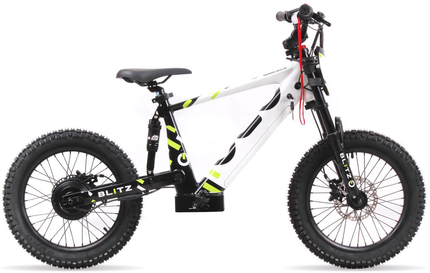 The Duo 18" Blitz Kids Electric Balance Bike by Duo features a white and black design with neon yellow accents, thick knobby tires, disc brakes, front and rear suspension, and "BLITZ" on the rims—perfect for adventurous young riders.