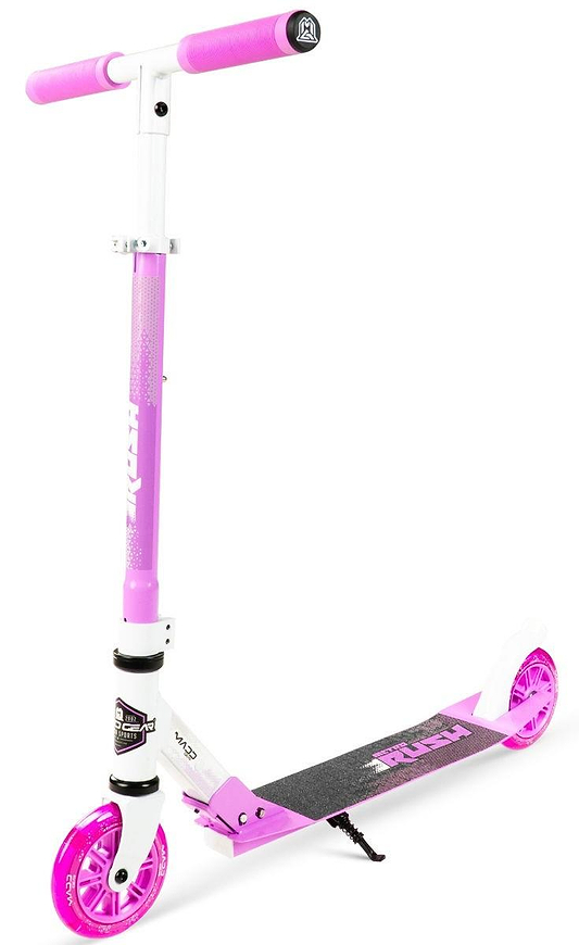 The Madd Gear Metro Rush 125 Kids Foldable Scooter—White/Purple—features two wheels, a black grip deck, purple handlebars and wheels, and an adjustable handlebar for growing kids. Brand: Madd Gear (MGP).
