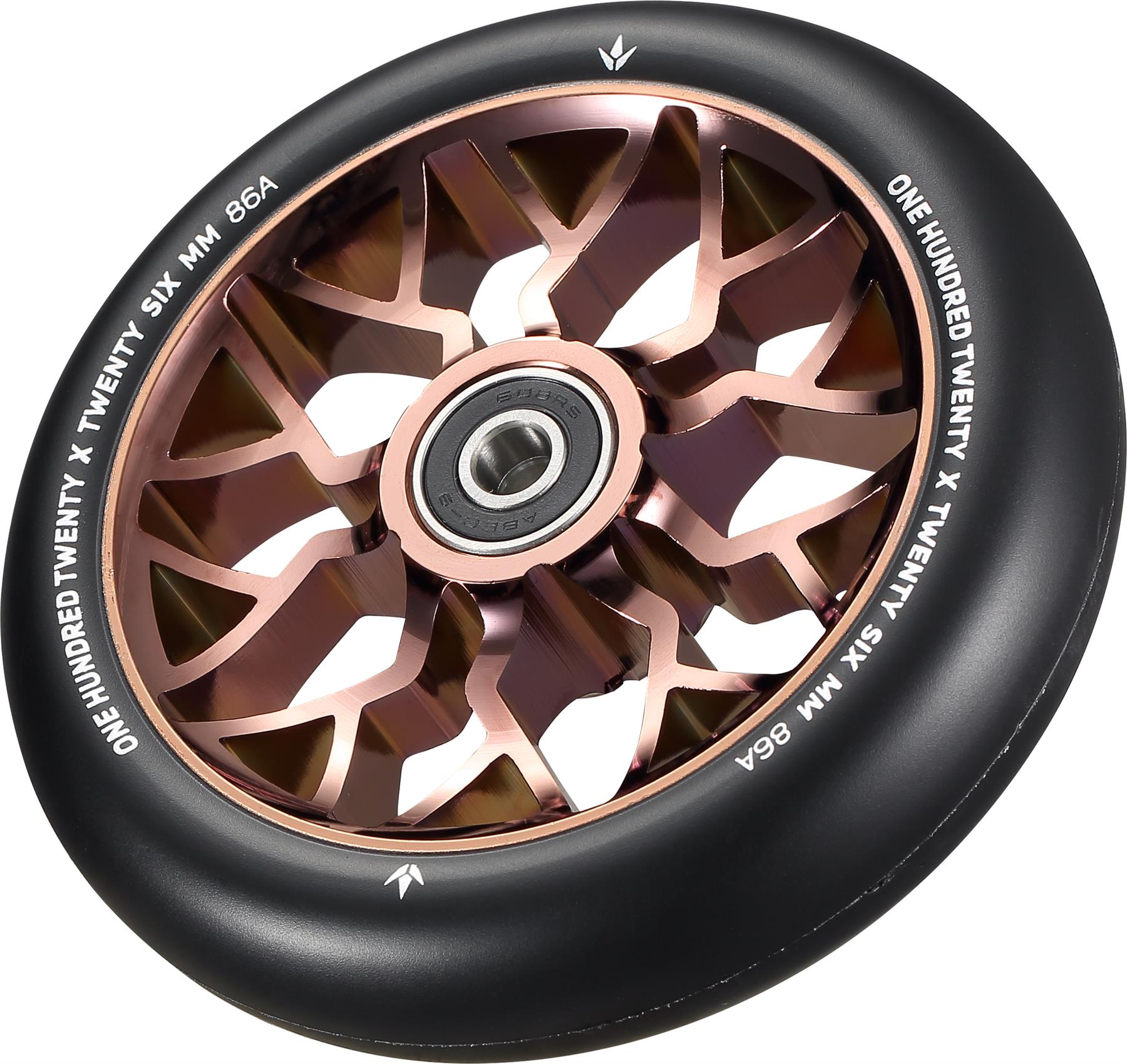 A close-up of the Blunt Envy Sector 120mm Stunt Scooter Wheel in copper, featuring a geometric-spoked core, central bearing, and "One Hundred Twenty x Twenty Six mm 86A" text—ideal for stunt scooter enthusiasts.