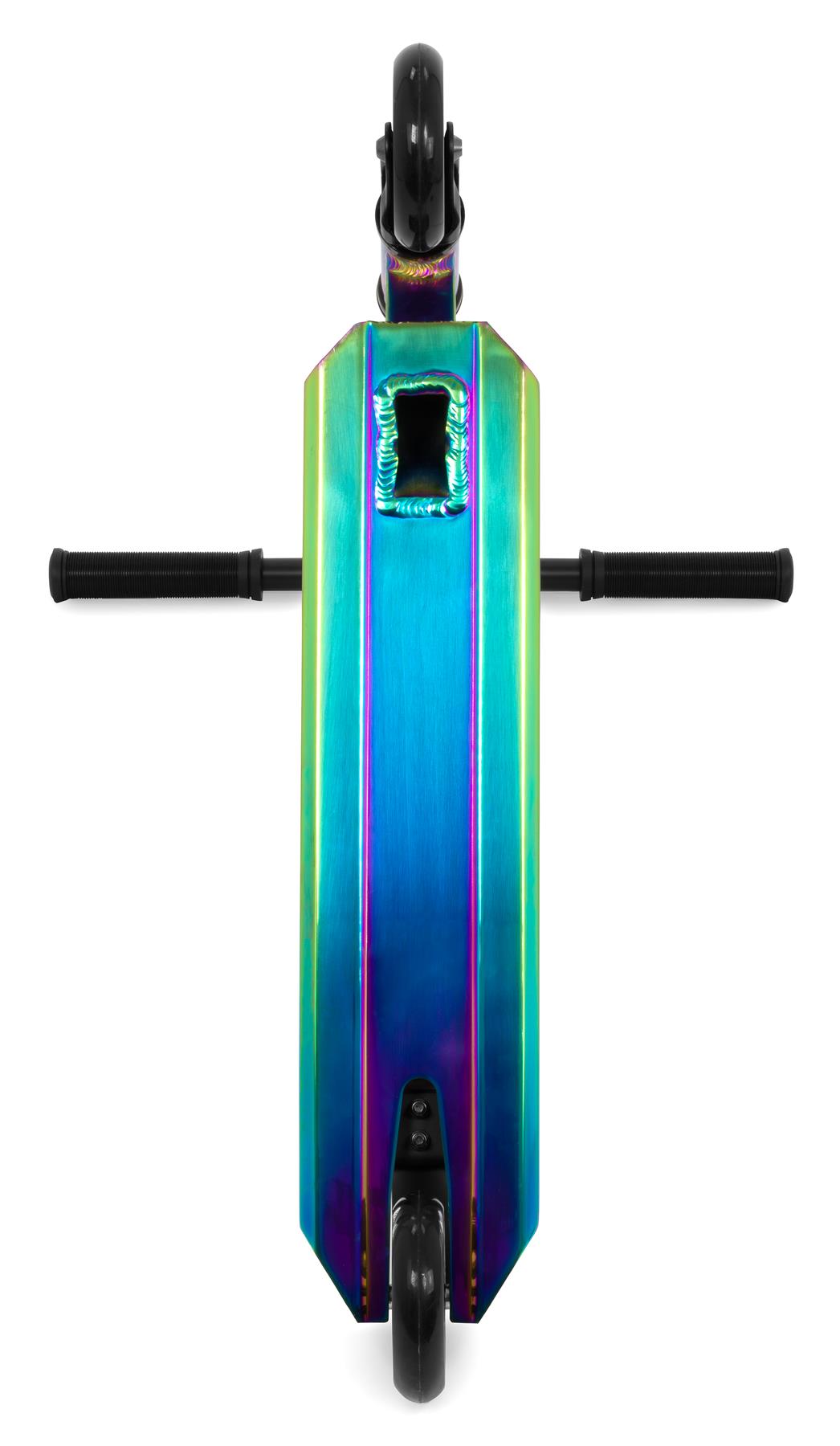Top view of the Slamm Rage Complete Stunt Scooter - Neochrome by Slamm, featuring black handlebars and two black wheels, highlights its vibrant neochrome design ideal for stunt riding.