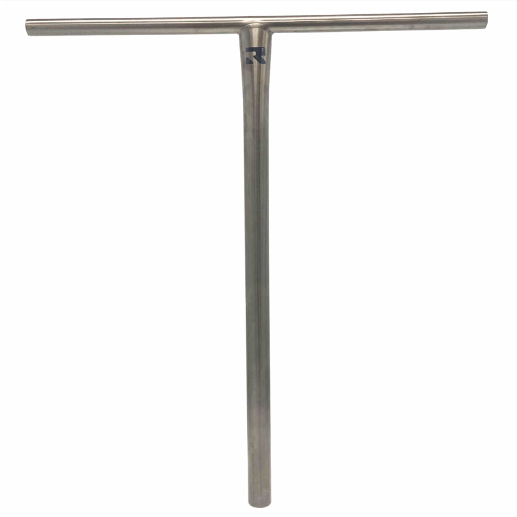The Root Industries AIR Titanium Oversized HIC Stunt Scooter T-Bars - Raw 690mm x 600mm, feature a silver metallic T-shaped design with a smooth finish crafted from lightweight titanium. The handlebar includes a logo at the intersection of the vertical and horizontal bars and is displayed against a plain white background.