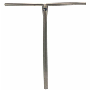The Root Industries AIR Titanium Oversized HIC Stunt Scooter T-Bars - Raw 690mm x 600mm, feature a silver metallic T-shaped design with a smooth finish crafted from lightweight titanium. The handlebar includes a logo at the intersection of the vertical and horizontal bars and is displayed against a plain white background.